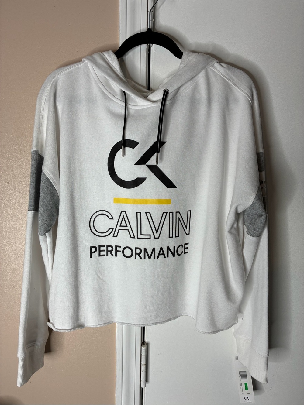 Calvin Klein Performance White Hoodie with Gray Accents and Yellow Detail